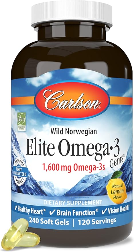 Carlson Elite Omega-3 Gems 1600 mg Omega-3 with EPA &amp DHA Lemon Flavor 240 Softgels – Wild-Caught Norwegian Fish Oil Sustainably Sourced
