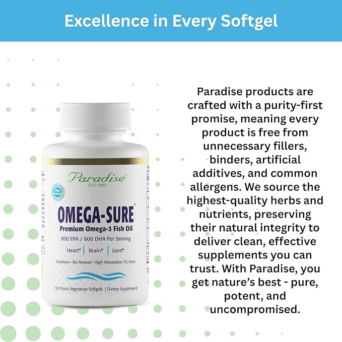 Paradise Herbs Omega-Sure Omega-3 Concentrate Premium Fish Oil DHA EPA Vegan Non GMO Gluten Free 120 Count Vegetarian Softgels