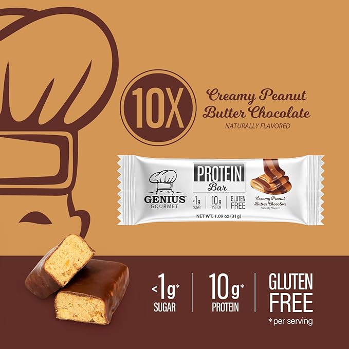 Genius Gourmet Protein Bar Chocolate Peanut Butter Keto Snack Low Carb Low Sugar &amp Gluten Free Protein Snacks for Adults 10G of Whey Protein per Protein Bar 5 Net Carbs 10 Count