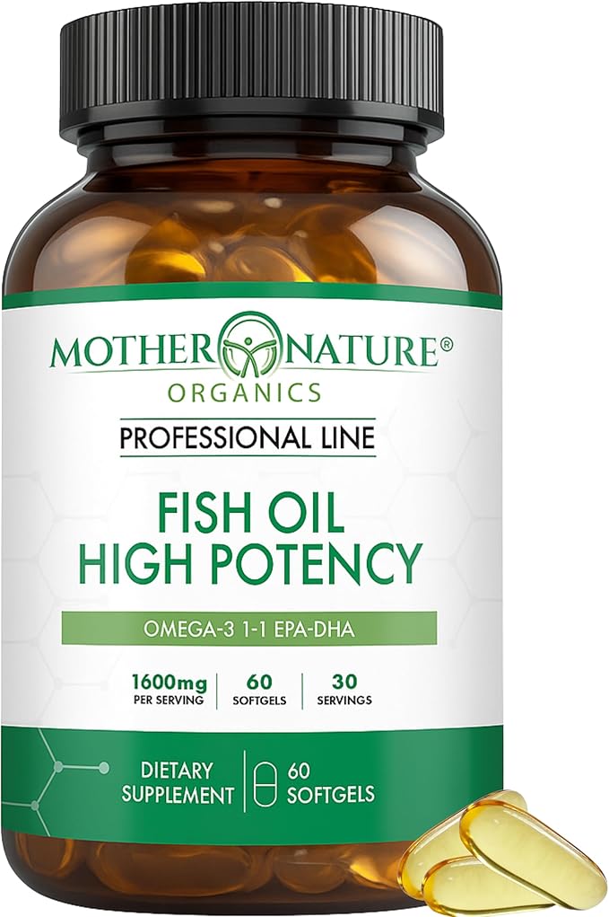 High EPA DHA Omega 3 Fish Oil 1600mg – 120 Softgels Glass Bottle by Mother Nature Organics – Heart Brain &amp Joint Support – Burpless High Absorption Pure Sustainable Omega 3 Fatty Acids Supplem