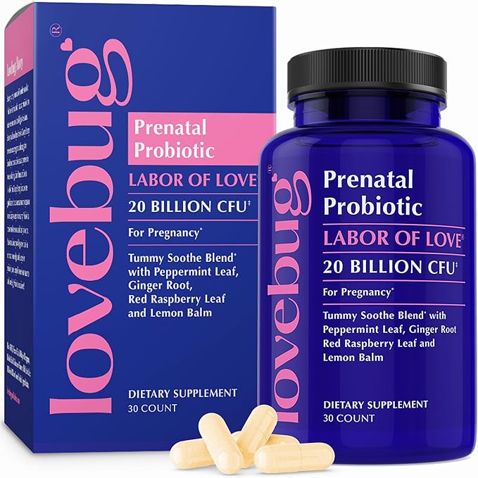 LOVEBUG Prenatal Probiotic Supplement - 7 Probiotics &amp Prenatal Vitamins for Women 20 Billion CFU with Soothing Peppermint Ginger Raspberry Leaf and Lemon Balm. 30 Capsules