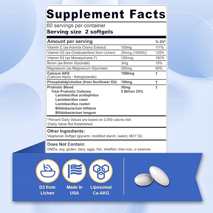Liposomal Calcium AKG Supplement 1500mg + Vegan Omega 3 Supplement 1000mg