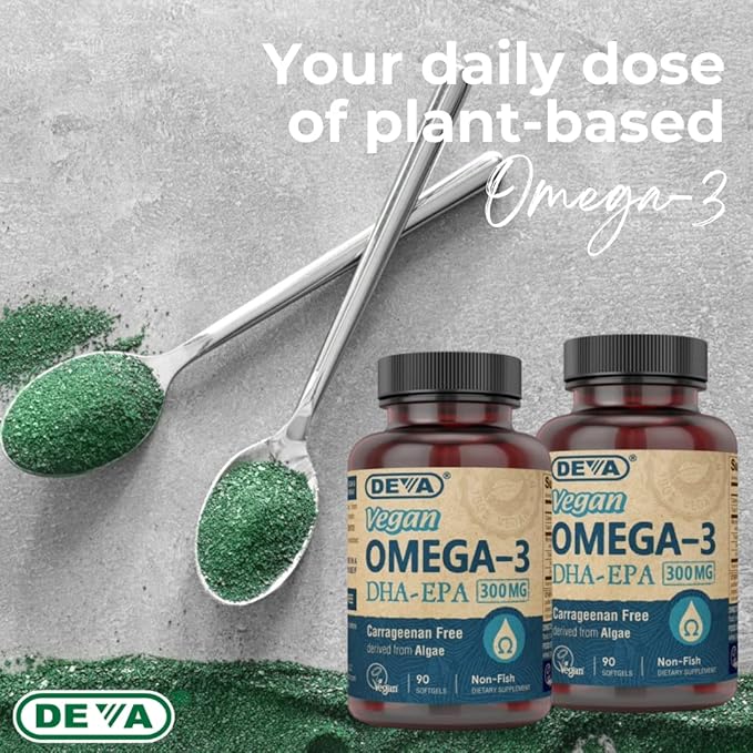 DEVA Vegan DHA-EPA Nutritional Supplement Non-Fish Derived from Algae 300 mg Potency 90 Vegetarian Softgels - Pack of 2