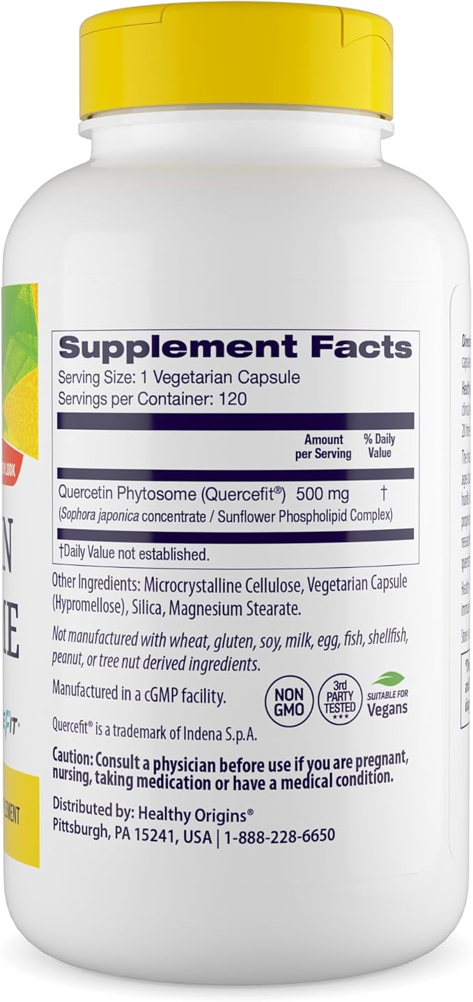 Healthy Origins Quercetin Phytosome 500 mg - Quercetin Supplements for Immune Support &amp Respiratory Support - Vegan Non-GMO &amp Gluten-Free Quercetin Supplement - 120 Veggie Capsules
