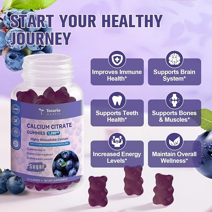 2 Pack Calcium Citrate Gummies 1200 mg - Calcium Supplements for Women with Vitamin D3 &amp K2MagnesiumZinc - Sugar Free Calcium Gummies for Bone &amp Teeth &amp Immune Support- Blueberry Flavor