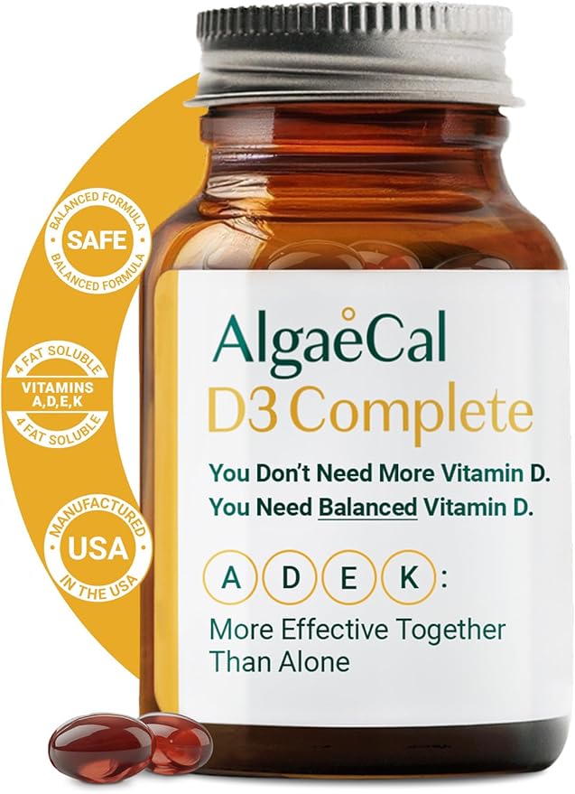 ALGAECAL 4-in-1 Vitamin D3 K2 Complete - ADK Vitamin Supplement Enhanced Immune Support &amp Bone Health with D3 K2 A &amp E - Whole Body Wellness &amp Bone Strength Easy-Swallow Softgels 6 Mo