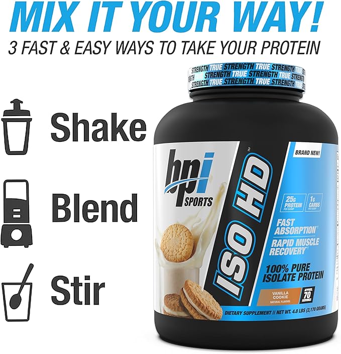 BPI Sports ISO HD Isolate Protein Powder – 100% Whey Isolate Protein Powder for Muscle Gain - Vanilla Cookie 4.8 LBS - 70 Servings