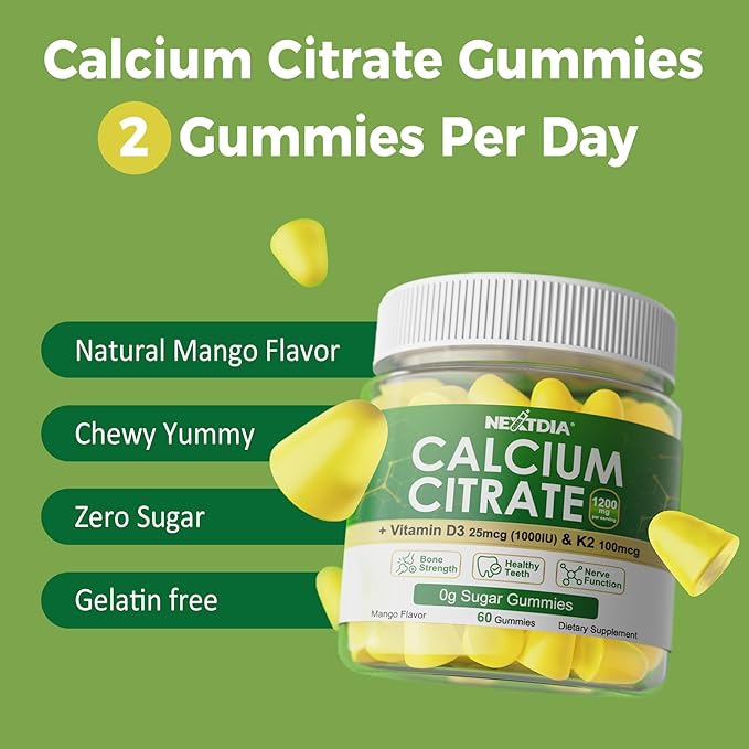 Calcium Citrate Gummies 1200mg with Vitamin D3 K2 Chewable Calcium Supplements for Women &amp Men High Potency Support B0ne Te*th Strength &amp Immune Health Mango Flavor Non-GMO Sugar Free