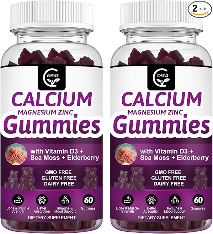 Calcium Magnesium Zinc Gummies with High Absorption Magnesium Glycinate 300mg Potassium - Plant Complex Calcium Magnesium 2:1 Ratio with D3 Sea Moss for Bone Immune &amp Sleep Support Vegan-2 Pac