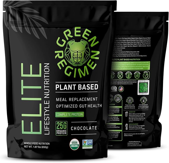 Green Regimen Elite Plant-Based Powder - 25g Complete Hemp &amp Pea Protein Meal Replacement High-Protein Vegan Shake NonGMO Gluten-Free Dairy-Free Low Carb - (Chocolate - 1 Month Supply)
