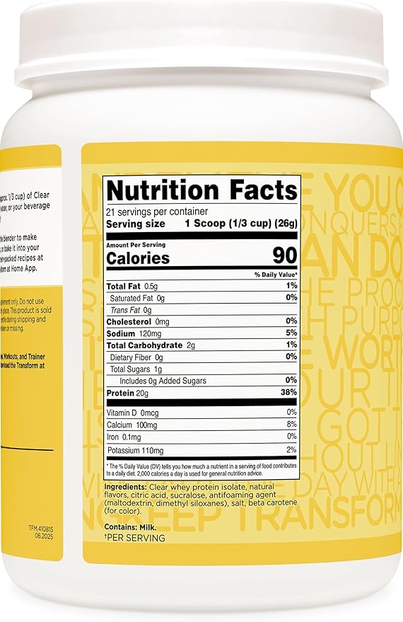 TransformHQ Clear Whey Protein Isolate (WPI) (Lemonade Flavored) 21 Servings - 20 Grams Protein Per Serving