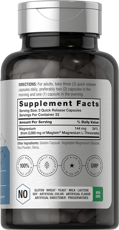 Horbäach Magtein Magnesium L-Threonate | 2000mg Supplement | 100 Capsules | for Men &amp Women | Non-GMO and Gluten Free