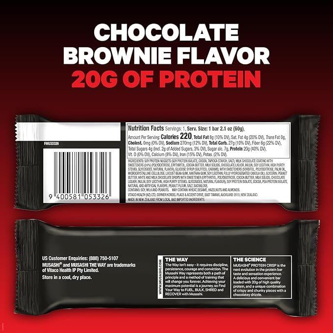 MUSASHI Protein Crisp Bar 20g Protein 4g Total Sugars Chocolate Brownie Post Workout and Snack On The Go 12 Pack of 2.1oz (60g) Bars