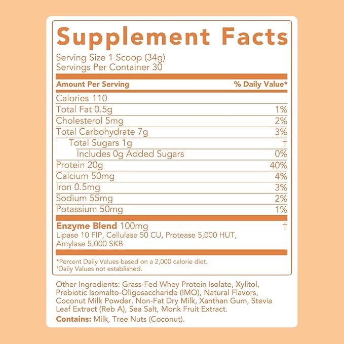 Clean Simple Eats Whey Protein Powder Coconut Cream Flavor Naturally Sweetened 100% Grass Fed Protein Powder with Digestive Enzymes &amp No Artificial Ingredients Gluten Free 30 Servings