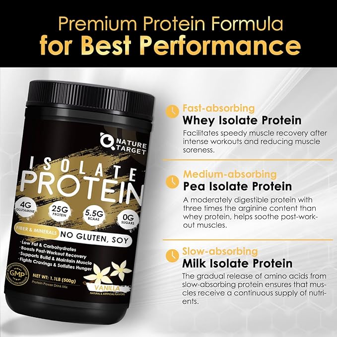 NATURE TARGET Isolate Whey Protein Powder Vanilla 25g Protein Low Carb Sugar-Free &amp Gluten-Free 5.5g BCAAs Rich in Fibers &amp Minerals 1.1 Pound 16 Servings
