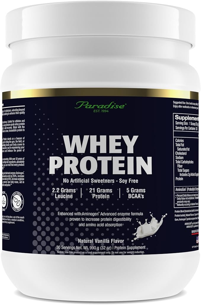 Paradise Herbs 100% Whey Protein Powder Vanilla 21g Protein 5.5 BCAA's 2.2g L-Leucine 210mg Aminogen 30 Servings