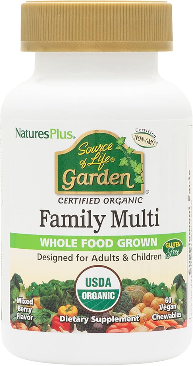 NaturesPlus Source of Life Garden Family Multivitamin - 60 Chewables - Mixed Berry Flavor - Energy Metabolism &amp Digestive Health with Probiotics - USDA Certified Organic - Up to 60 Servings
