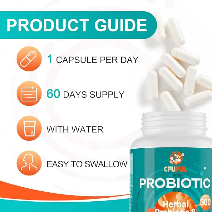 Probiotics for Women &amp Men - 300 Billion CFU 24 Strains Probiotic + 15 Organic Herbs Prebiotics Blend for Overall Digestive Gut Health Immune Constipation &amp Bloating Shelf Stable - 8 Mont