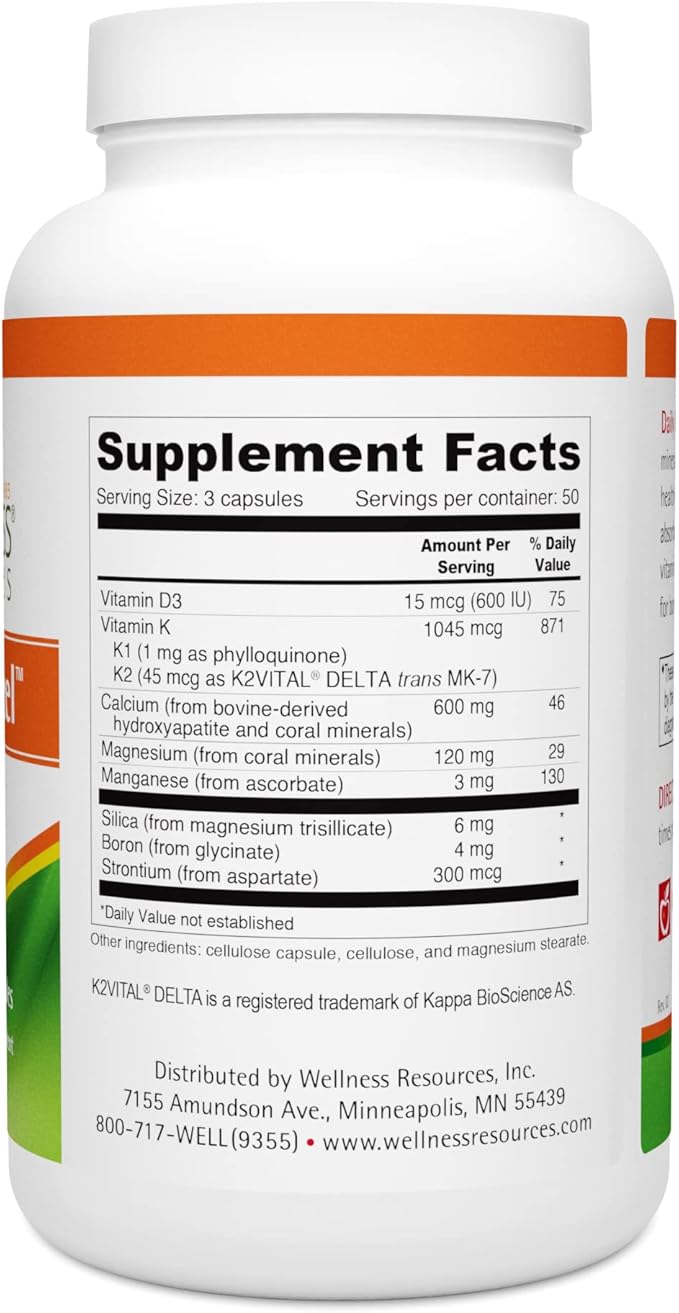 Wellness Resources Daily Bone Xcel - Bone Support and Calcium Supplement with MCHC/MCHA Calcium Magnesium Vitamin D3 and K2 |150 Capsules Sugar-Free Non-GMO Gluten-Free Dairy-Free