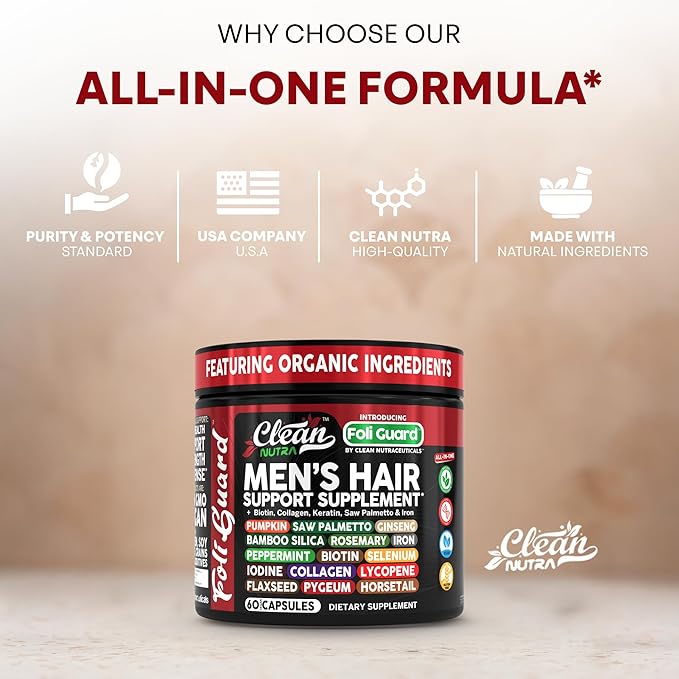 Hair Growth Supplement For Men | Biotin Hair Vitamins Collagen Pumpkin Seed Saw Palmetto Iron Ginseng Bamboo Silica Rosemary Peppermint Keratin Selenium Iodine Flaxseed Horsetail Vitamin A C D3 E B12
