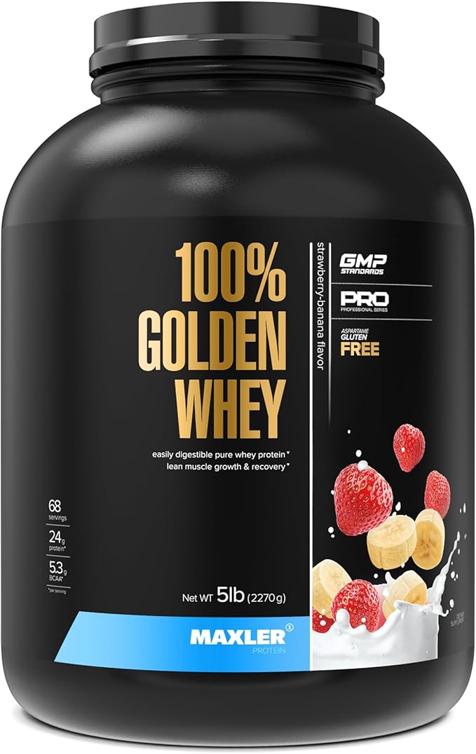 Maxler 100% Golden Whey Protein - 24g of Protein per Serving - Whey Protein Powder for Pre Post Workout - Fast-Absorbing Whey Concentrate Isolate &amp Hydrolysate Blend - Strawberry Banana 5 lb