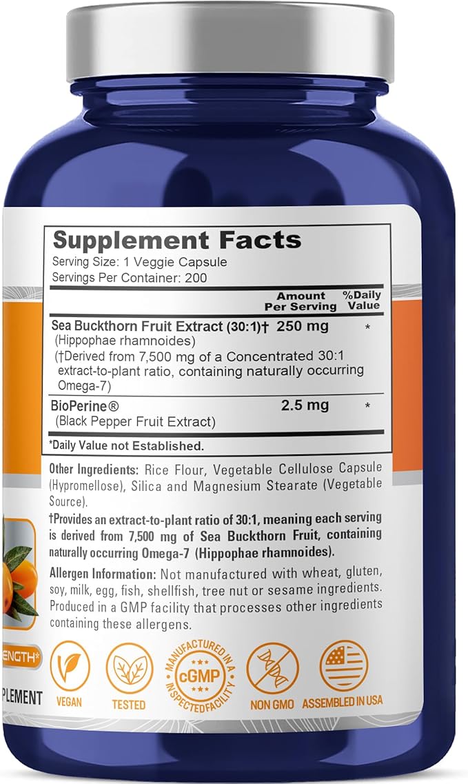 NusaPure Sea Buckthorn Omega-7 30:1 Extract 250 mg Equivalent to 7500mg per Veggie Caps - 200 Capsules - Non-GMO &amp Vegan