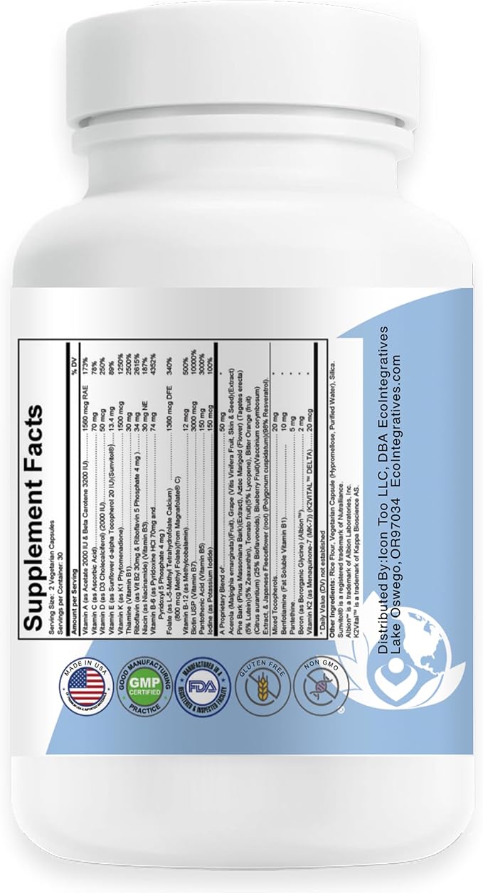 Active Multivitamin | ADK Methyl B Complex Antioxidants | Quatrefolic Folate Methyl B12 P5P Vitamin D3 K1/K2 | 60 Vegetarian Capsules