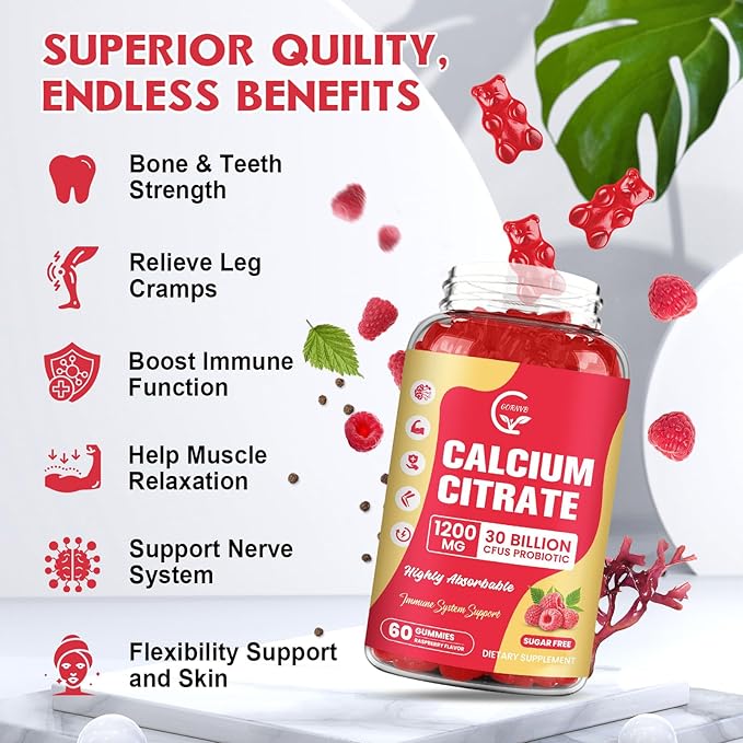 Calcium Citrate Gummies Calcium 1200 mg with Vitamin d3 K2 Magnesium Zinc for Bone Muscle &amp Immune Support High Absorption Calcium Supplement for Women &amp Men Raspberry Flavor 60 Chews