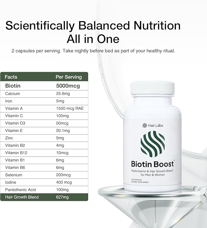 Biotin Boost 5000mcg – Hair Growth Vitamins for Women – Thinning Hair Support with Saw Palmetto Keratin &amp 8 Vitamins – DHT Support Formula – Thicker Fuller Stronger Hair – 60 Capsules