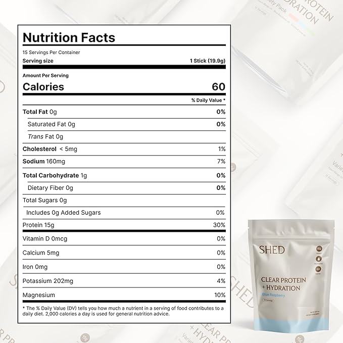 Clear Protein Powder with Electrolytes by Shed 15g Whey Protein Isolate Low Calorie and Lactose Free Light and Clean Hydration Drink Bloat-Free Post Workout Supplement Variety Pack (15 Servings)
