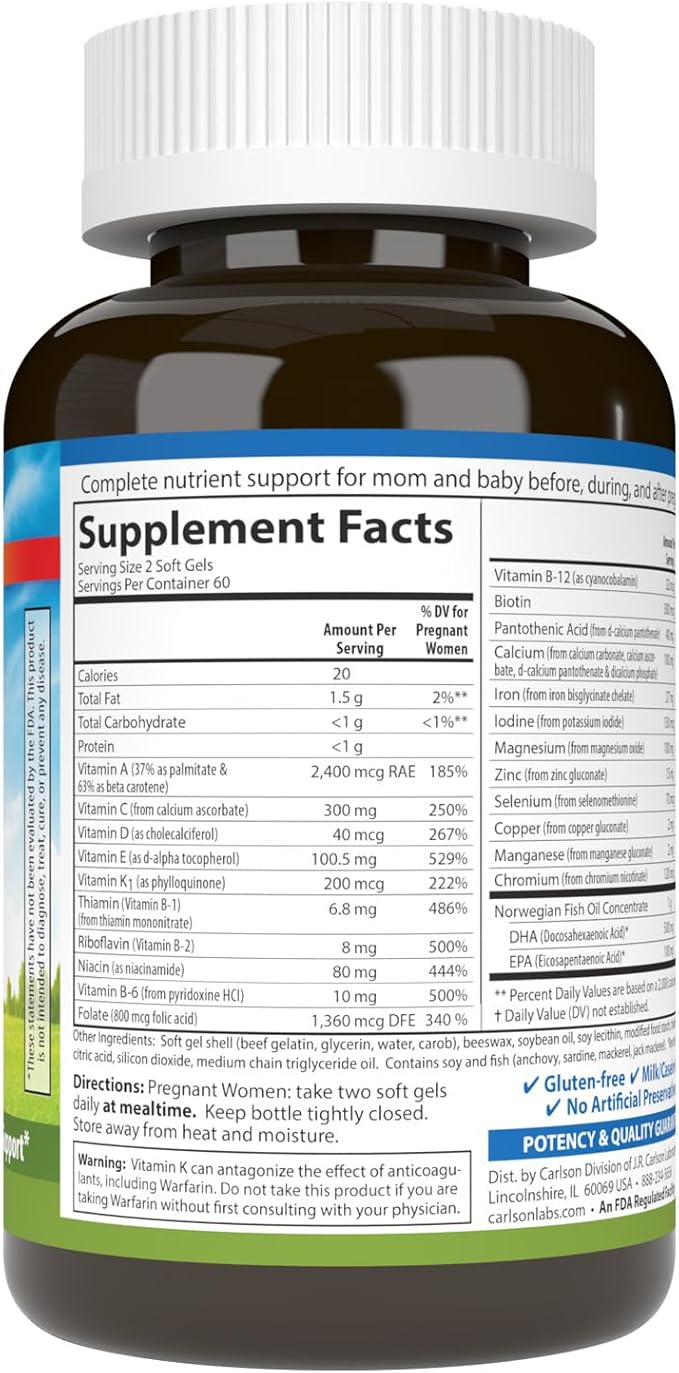 Carlson Labs Pre-Natal Multivitamin Tablets with DHA 120 Count