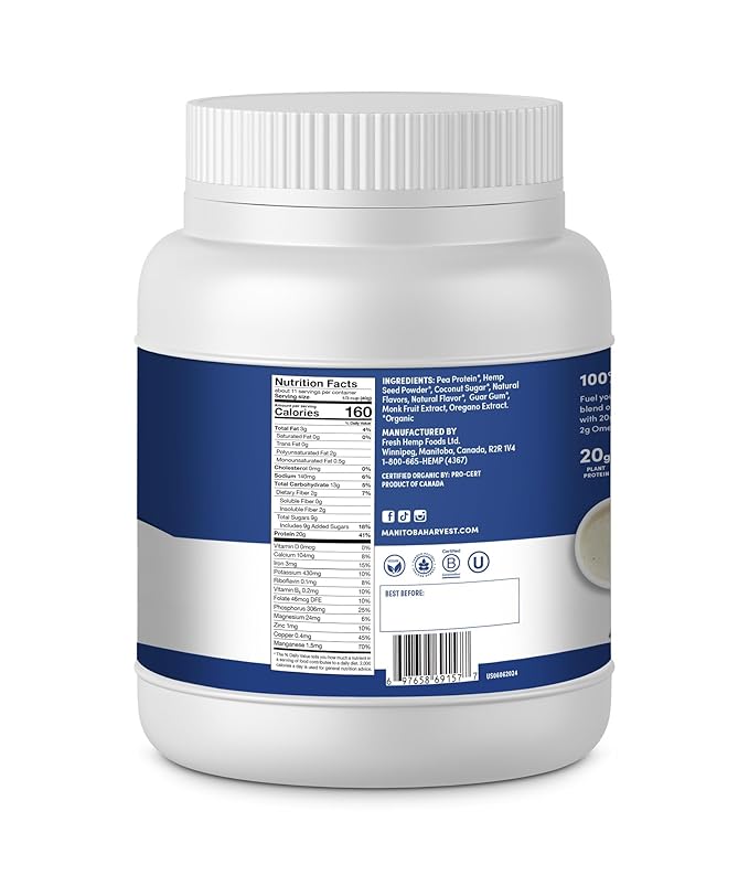 Manitoba Harvest Hemp Yeah Organic Plant-Based Protein Powder Vanilla 16oz 20g Complete Plant Protein (Hemp and Pea) 4g of Fiber &amp 1.9g Omegas 3&amp6 Per Serving Non-GMO Vegan Packaging Ma