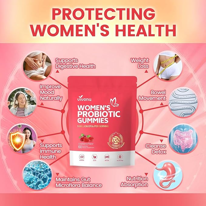 VivoNu Probiotics for Women Women Probiotic Gummies 500 Million CFUs Fiber | Feminine Balance Gummies for Healthy Odour Digestive Support and Gut Health + Vitamin C for Immune Support - 60 Gummies