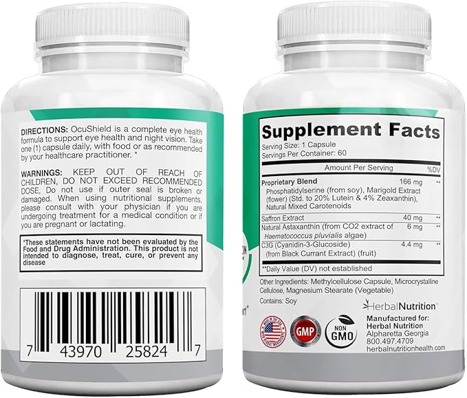 OcuShield Eye Health Vitamin Support for Healthy Eyes Night Vision with Saffron Lutein &amp Zeaxanthin Eye Nutrients to Protect &amp Stimulate Ocular Health One Bottle