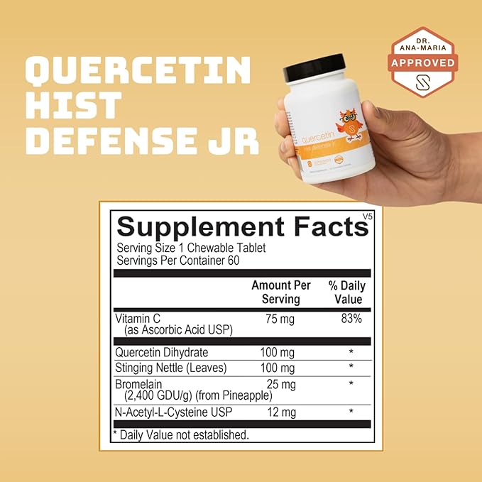 Quercetin Hist Defense Jr. By Dr. Ana Maria Temple | Natural Seasonal Support for Kids | With Quercetin Stinging Nettle Bromelain NAC and Vitamin C | 60 Chewable Tablets
