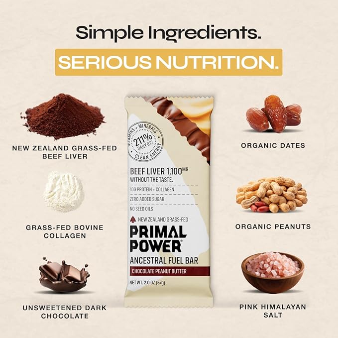 Primal Power Beef Liver Bar 1100mg - New Zealand Grass-Fed 211% DV B12 10g Protein Collagen - Zero Added Sugar No Seed Oils Gluten Free - Chocolate Peanut Butter (12 Pack)