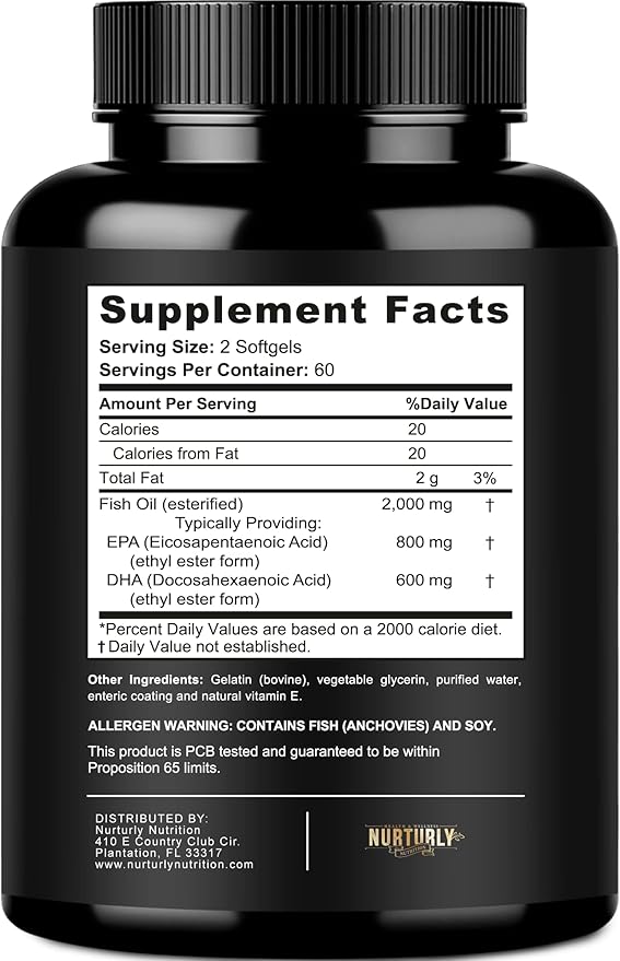 Omega 3 Fish Oil 2000mg 800mg EPA and 600mg DHA - Enteric Coated and Burpless - Supports Brain and Heart - Burpless Non-GMO 3rd Party Lab Tested and NSF Certified - 120 Softgels
