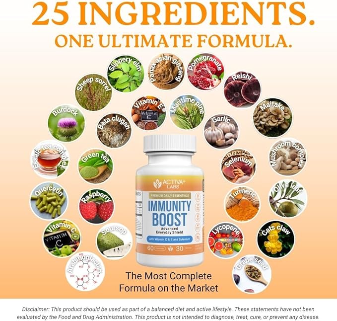 Activa+ Labs Immunity Boost Immune Support Supplement with Vitamin C Vitamin E Selenium &amp Herbal Antioxidant Complex | Gut &amp Energy Balance | Non-GMO Sugar-Free Vegan | 60 Capsules 90 Days