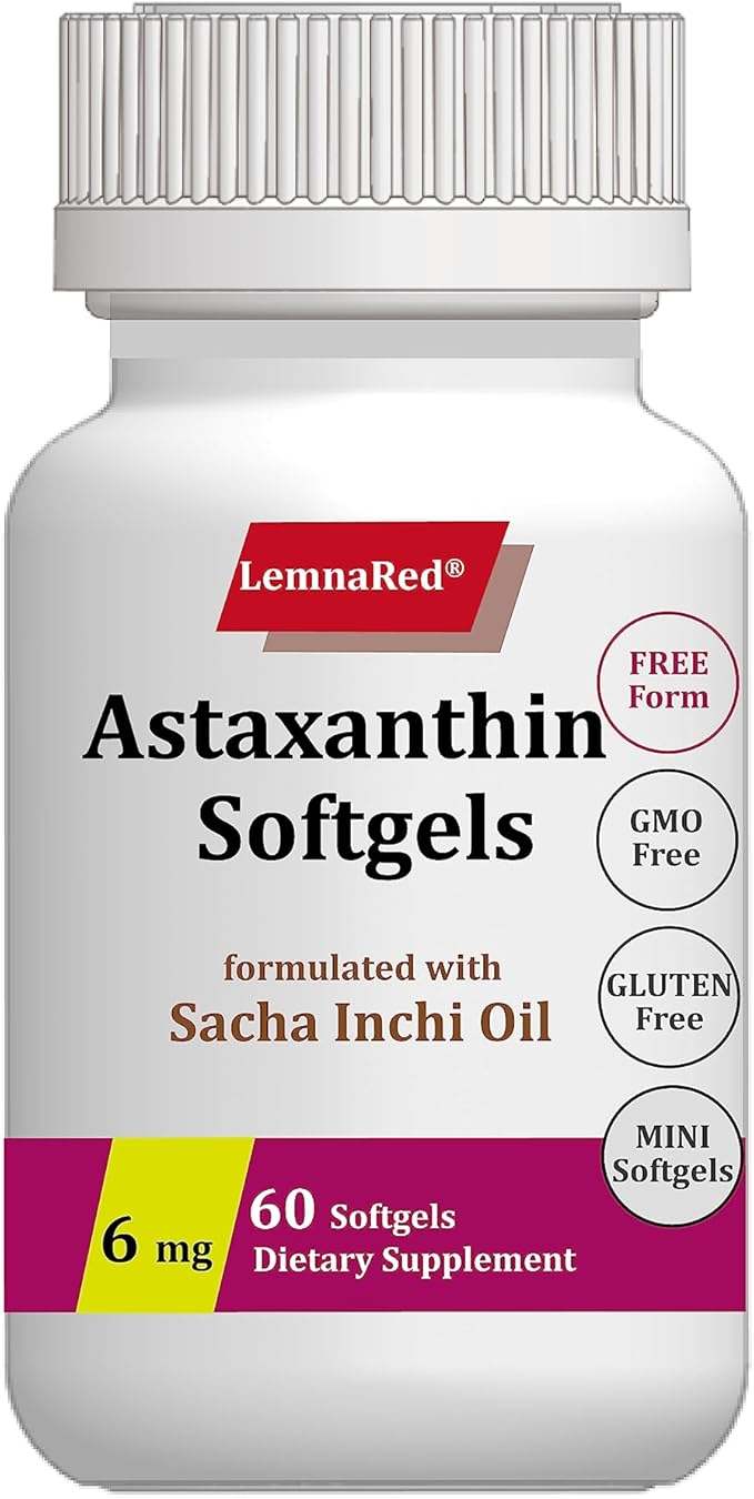 Free-Form Astaxanthin 6mg Softgel-60 Softgels Dietary Supplement Strongest Antioxidant Immune Supports Supports EyeJoint &amp Skin Health Formulated with Sacha Inchi Oil