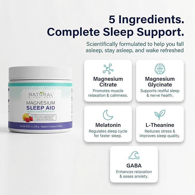 Magnesium Sleep Night Time Powder - Magnesium Citrate Magnesium Glycinate with Melatonin L-Theanine and GABA Sleep Aid Natural Sleep Supplement Vegan Gluten-Free Raspberry Lemon Flavor