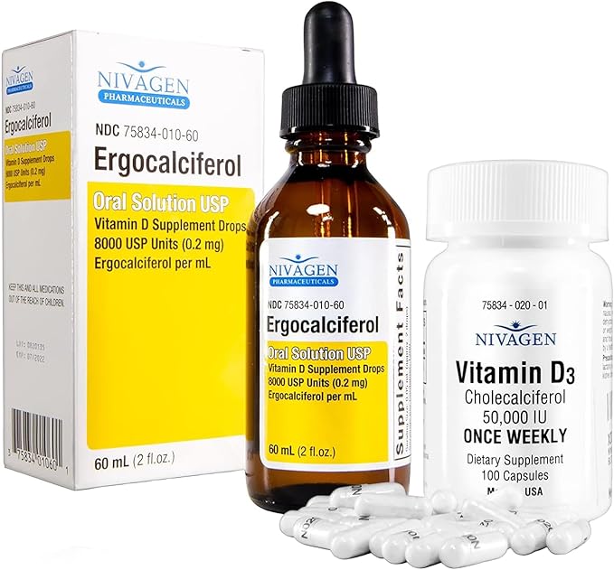 Vitamin D2 Liquid Drops (Ergocalciferol) 400 IU - 60ml (8000 USP 1200 Servings) + Vitamin D3 50000 IU Capsules (100 Count)