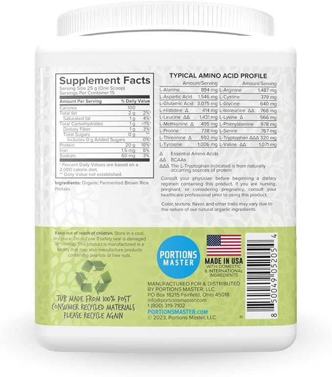 Portions Master Plant Protein Organic Plant Based Protein Powder with Fermented Brown Rice Complete Amino Acid Profile Vegan Non GMO Gluten Free (375g Unflavored)