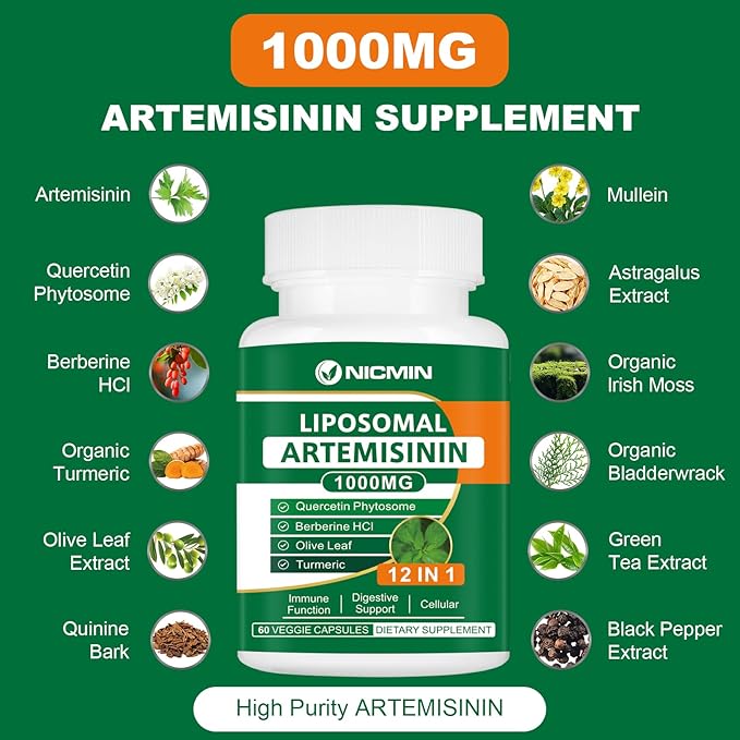 Liposomal Artemisinin Supplement 1000mg Sweet Wormwood Extract with 200mg Quercetin Phytosome Maximum Absorption for Antioxidant 120 Capsules