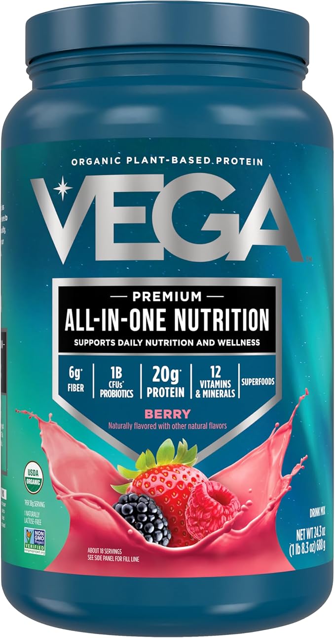 Vega All in One Nutrition Organic - 20g Plant-Based Pea Protein Berry 20 Servings Vitamins A &amp C Probiotics Greens Vegan Keto Gluten Free 24.3oz (Packaging May Vary)