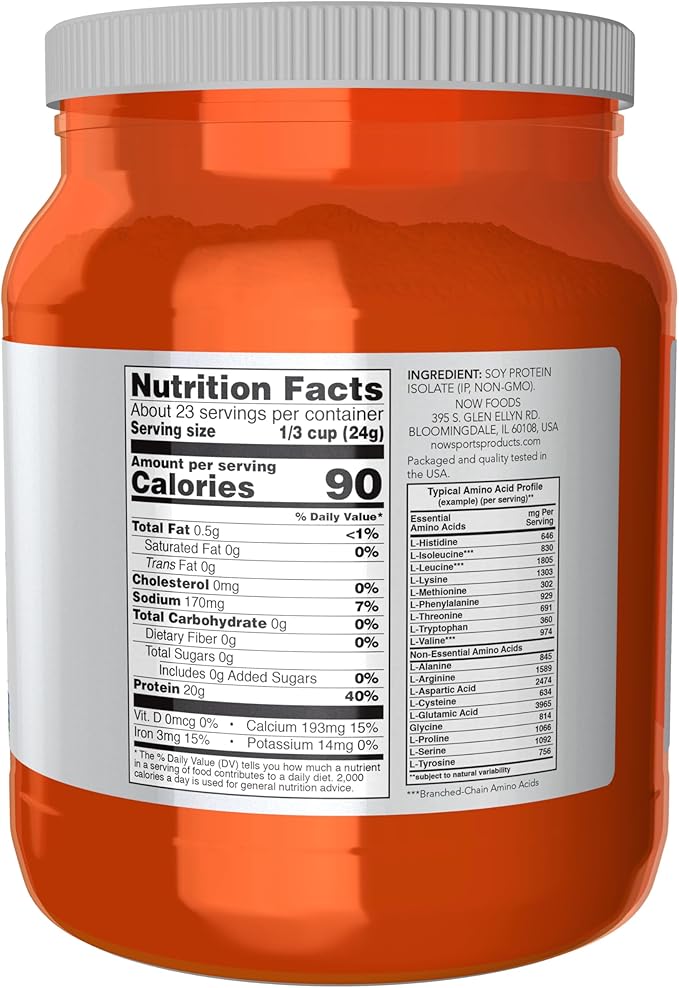 NOW Foods Sports Nutrition Soy Protein Isolate 20 G 0 Carbs Unflavored Powder 1.2-Pound