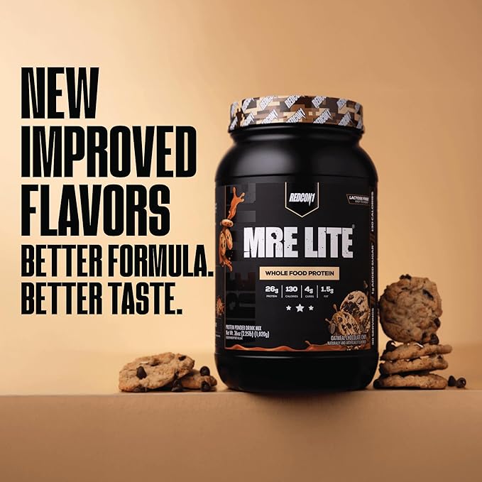 REDCON1 MRE LITE Whole Food Protein Powder Oatmeal Chocolate Chip - Lactose Free Meal Replacement with Animal Protein Blends - Easy to Digest Formula - Only 4g Carb per Serving (30 Servings)
