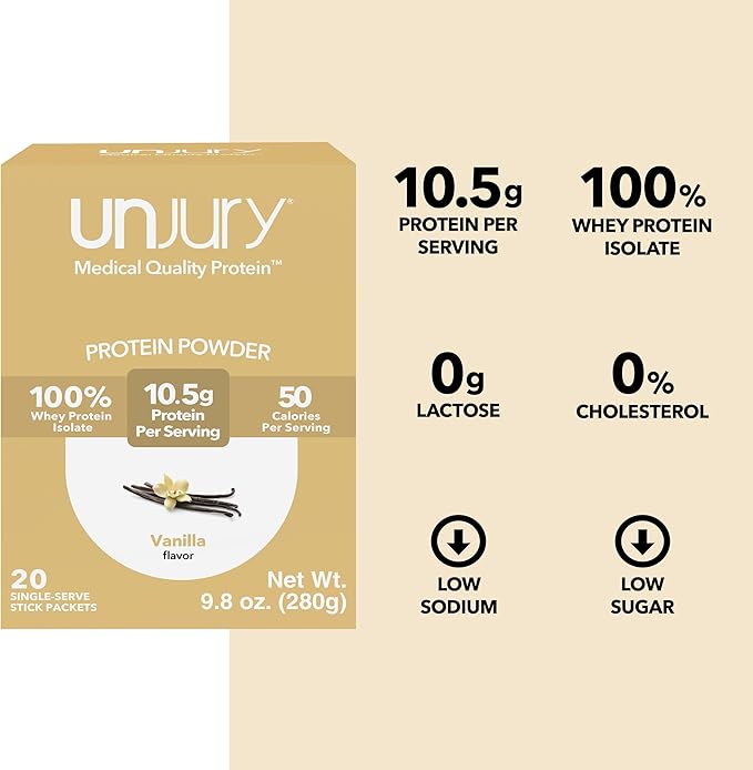 Unjury Whey Protein Powder Individual Stick Packs | Vanilla | 10.5g 100% Whey Isolate Protein Powder | Low Carb and Lactose Free | Gluten Free | Certified Kosher | 20 Servings