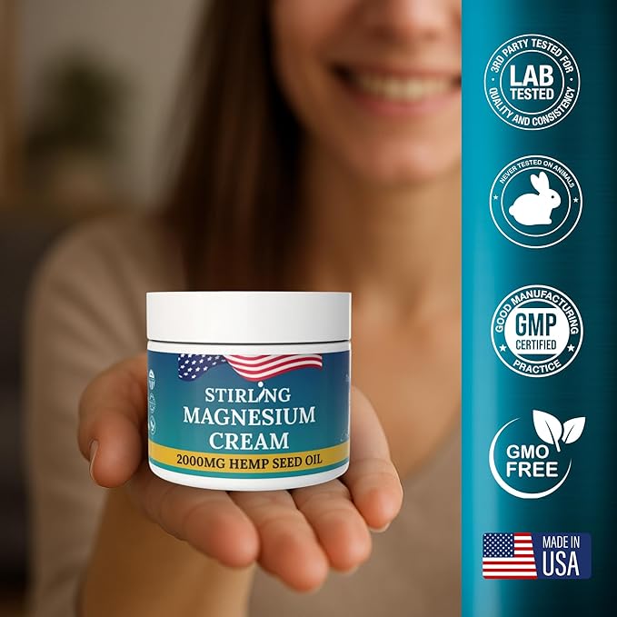 STIRLING Magnesium Cream – 2000mg Hemp Seed Oil Dead Sea Magnesium &amp Arnica – Supports Joint Mobility &amp Muscle Function – Non-Greasy Fast Absorbing – Made in USA