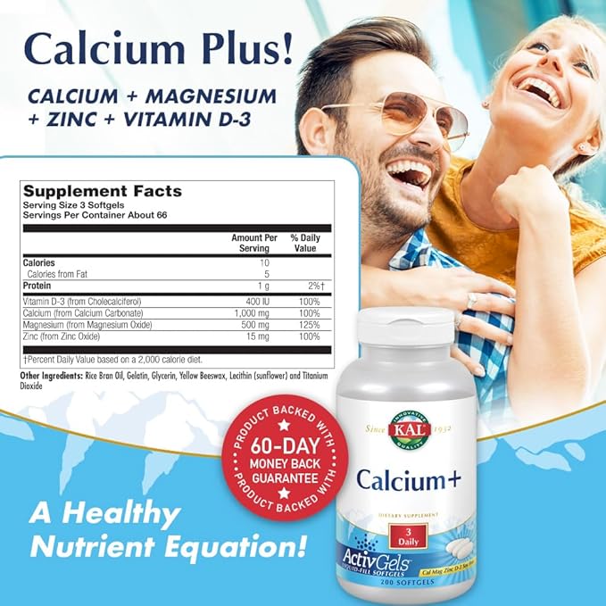 KAL Calcium Plus Softgels - 1000mg per Serving Calcium Magnesium Zinc &amp D3 Supplement for Men and Women - 200 Count Softgels