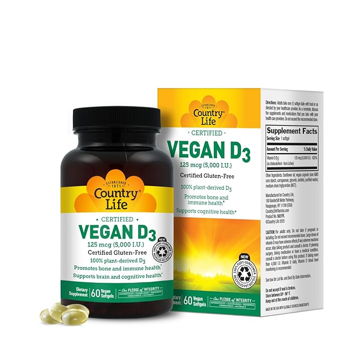 Country Life Vegan D3 5000 IU – Plant-Derived Vitamin D3 from Lichen – Certified Vegan Gluten-Free Non-GMO – Clean Simple Formula – 60 Softgels